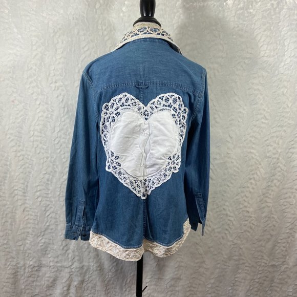 Rayne Designs Tops - Denim Upcycled Redesigned Lace Heart Recycled button up western shirt